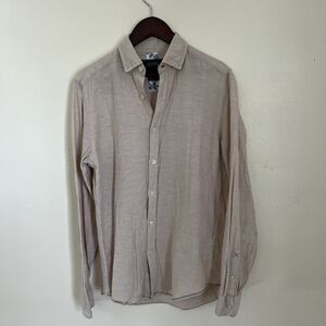 SPRINGFIELD Cotton Linen Mandarin Collar Long Sleeve, Oatmeal Tan- XS